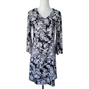 JUDE CONNALLY Tunic Shift Mini Dress Black Gray Paisley XS 3/4 Sleeve Jude Cloth